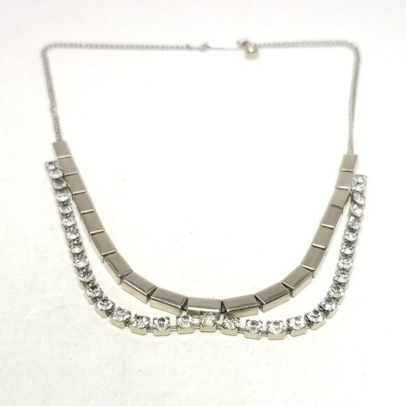 Vintage Silver Tone Two Layer Rhinestone Collar Necklace, Retro, Made in Japan - Picture 6 of 6